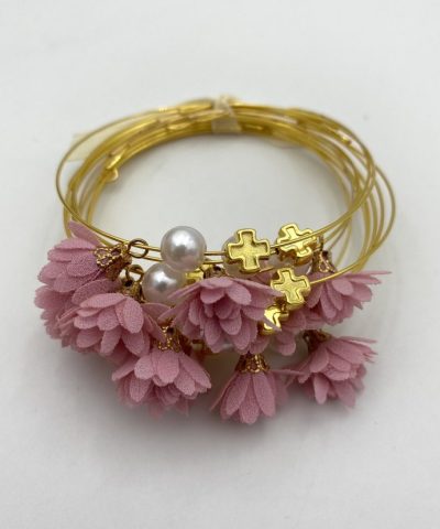 Μαρτυρικά βάπτισης χρυσά βραχιολάκια με πέρλα και ροζ φουντάκι