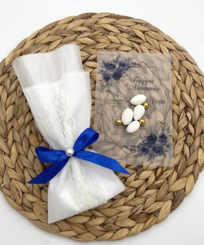 Μπομπονιέρα γάμου τούλινη με δαντέλα και σατέν κορδέλα