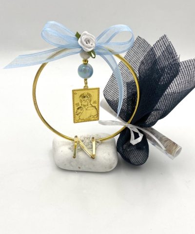 Μπομπονιέρα βάπτισης βότσαλο με εικονίτσα και μονόγραμμα